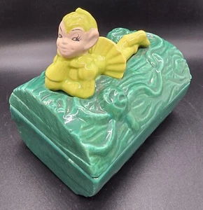 Vtg 1950 Gilner California Pottery Green Elf Pixie Green Log Lidded Trinket Box - Picture 1 of 9