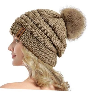 Women Knit Slouchy Beanie Chunky Baggy Hat with Faux Fur Pompom B7-khaki - Picture 1 of 7