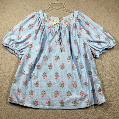 St Johns Bay Top Womens Plus 1X Light Blue Floral Print Puff Sleeve Tie Neck - Image 1 of 4
