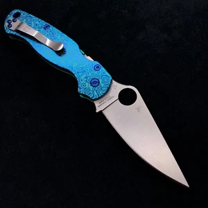 Spyderco Paramilitary 2 C81GP2 w/Custom Titanium Green & Blue Flomascus Scales - Picture 1 of 8