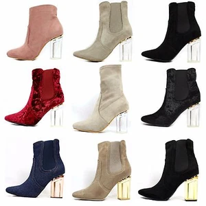 Round Toe Velvet Suede Clear Perspex Lucite Heel Ankle Women's Dress Boot Bootie - Picture 1 of 32