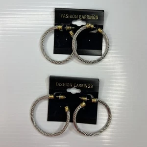 Lot Two Tone Cable Twist Cord Pierced Hoops Dangle 90s Retro Earrings - Picture 1 of 8