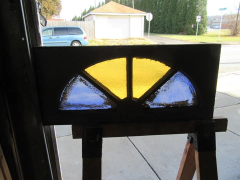 ~ ANTIQUE FANLIGHT STAINED GLASS TRANSOM WINDOW 1 OF 2 ~ 32 X 14 ~ SALVAGE Cover