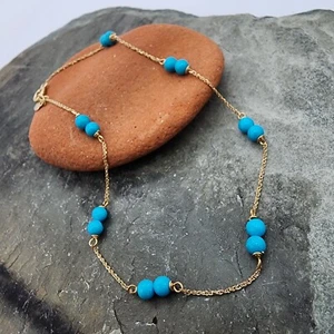 14k .585 4 mm Turquoise Bead Station Sz 10" Anklet Au 24108 - Picture 1 of 6