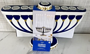 Chanukka Menora Kerzenhalter Keramik mit 9 LED Spitzkerzen blau creme gold - Bild 1 von 4