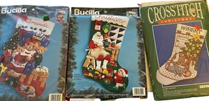 LOT Old Stock Bucilla Teddy Family Christmas Stocking Kit plus 2 Partial Kits - Picture 1 of 7