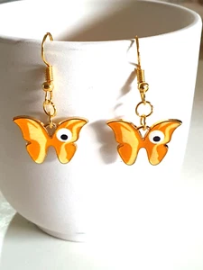 🦋Sweet Orange/Yellow Enamel Evil Eye Butterfly Gold Plated Earrings🦋 - Picture 1 of 8