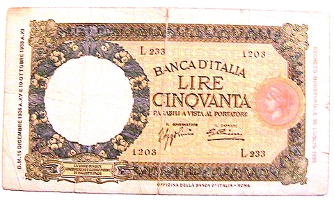 1936 Italy  50 Lire Ch aFine Original Italia Currency Paper Money Banknote p-54 Cover