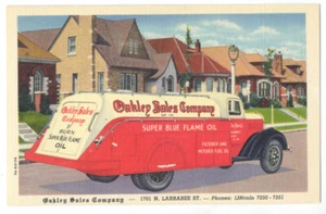 OAKLEY SALES Co. OIL TRUCK - Great 1937 LINEN AD Postcard - Chicago IL - RARE - Picture 1 of 2
