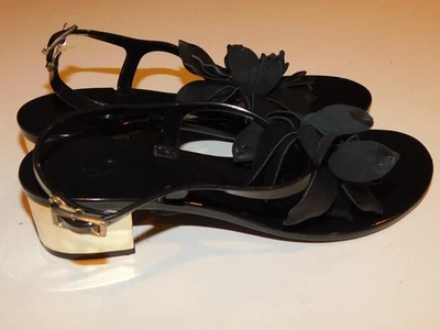 Sandalia de gelatina Kate Spade NY talla 6 7 Davina negra dorada tacón bloque flor para mujer Foto 1 de 4