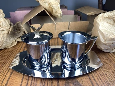 Crema y azúcar cromada MCM Kromex vintage con bandeja y asas tono dorado #237 + CAJA Foto 1 de 4