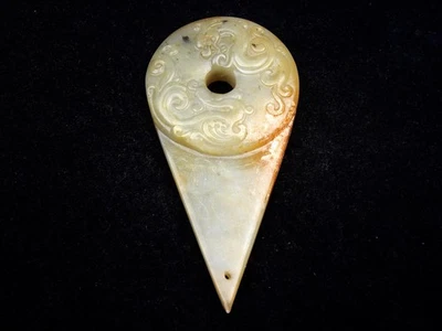 Old Nephrite Jade Stone Carved Sculpture Ancient Spike Dragon Phoenix #03202505 - Image 1 of 4