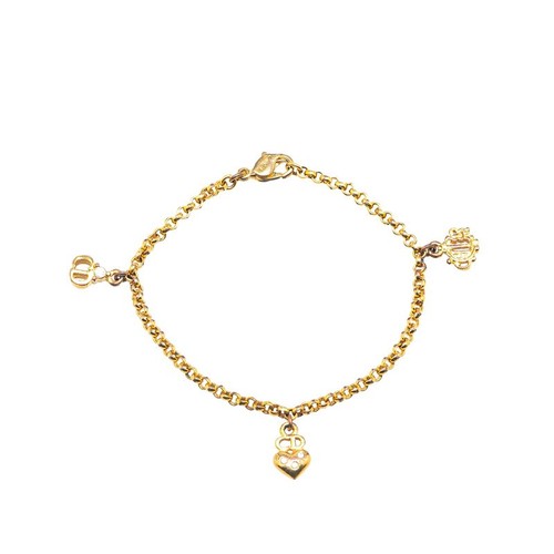 Bracciale Dior Emblema Logo Cd Motivo Cuore Strass Catena Placcato Oro Donna