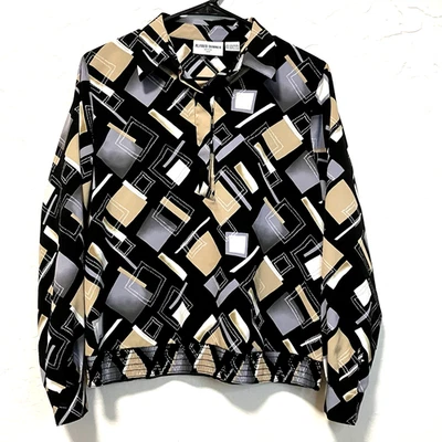 Vtg Alfred Dunner Black Beige Geometric Print Blouse Top Elastic Hem 10P Preppy - Image 1 of 4