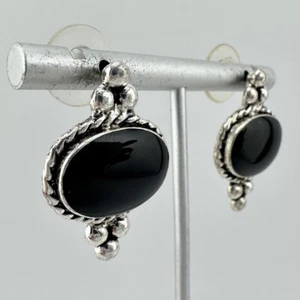 Antique Style Black Enamel Oval Elegant Silver Tone 1.25” Stud Earrings - Picture 1 of 5