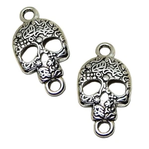 LINK SKULL CONNECTOR DIA DE LOS MUERTOS 29X16mm ANTIQUE SILVER LARGE 10pc - Picture 1 of 1