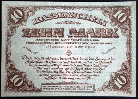 WEST RUSSIAN VOLUNTEER ARMY 1919 10 Mark Mitau Latvia Russia S228d Germany Cover