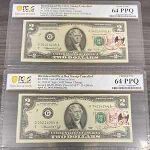 1976 $2 Two Dollar Bill - Stamped 4/13/1976 PCGS 64 PPQ FDOI 2 Consecutive SN V2 - Picture 1 of 1