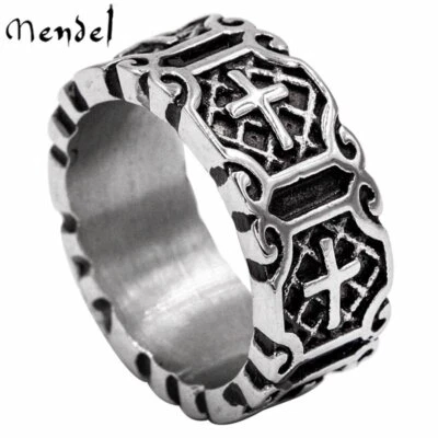 MENDEL Mens Stainless Steel Gothic Christian Cross Band Ring For Men Size 6-15 - Image 1 of 4