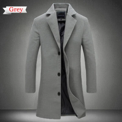 Hombres Otoño Lana Como Guisante Abrigo Muesca Solapa Chaqueta Larga Lanudo Chaquetón Bolsillo Cálido Foto 1 de 4