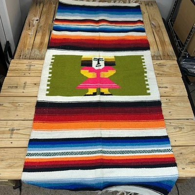 Manta alfombra de lana tejida a mano azteca mexicana vintage 49"x25" doble cara Foto 1 de 4