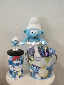 Smurfs 2025 Popcorn Bucket Tin & Cup with Smurf Topper & Plush New Set - Picture 1 of 11