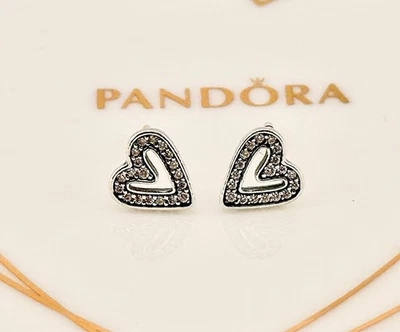 New Genuine Pandora Silver Sparkling Freehand Heart Stud Earrings 298685C01 - Image 1 of 4