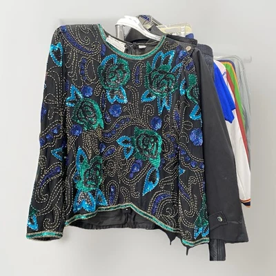 ВИНТАЖНЫЙ Scala Топ блузка Sz M? Шелковый бисер блестками праздник вечеринки цветочный блестящий - Изображение 1 из 4