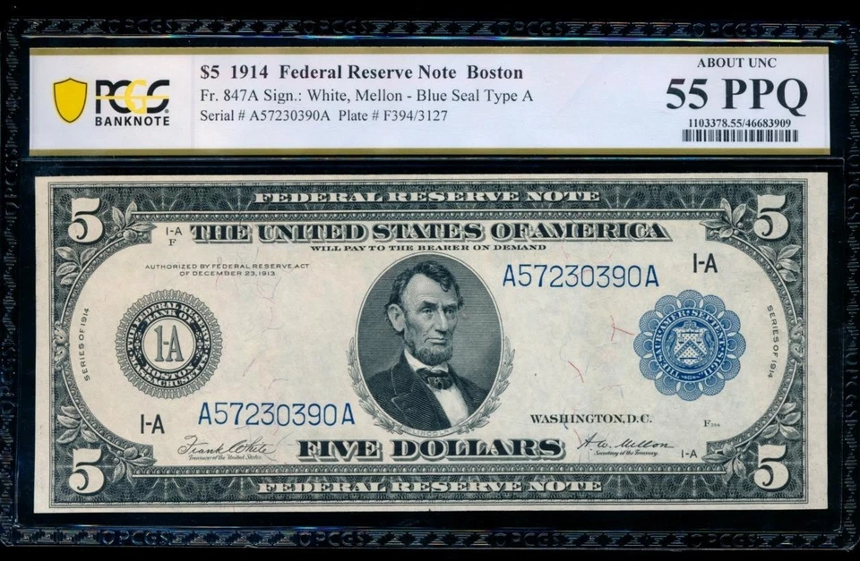 AC Fr 847a 1914 $5 Boston FRN PCGS 55 PPQ - Image 1 of 2