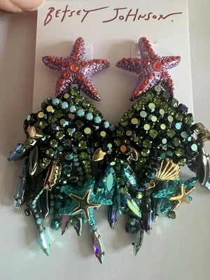 Brincos de borla BETSEY JOHNSON autênticos joias de sereia declaração de vida marinha raros - Imagem 1 de 4