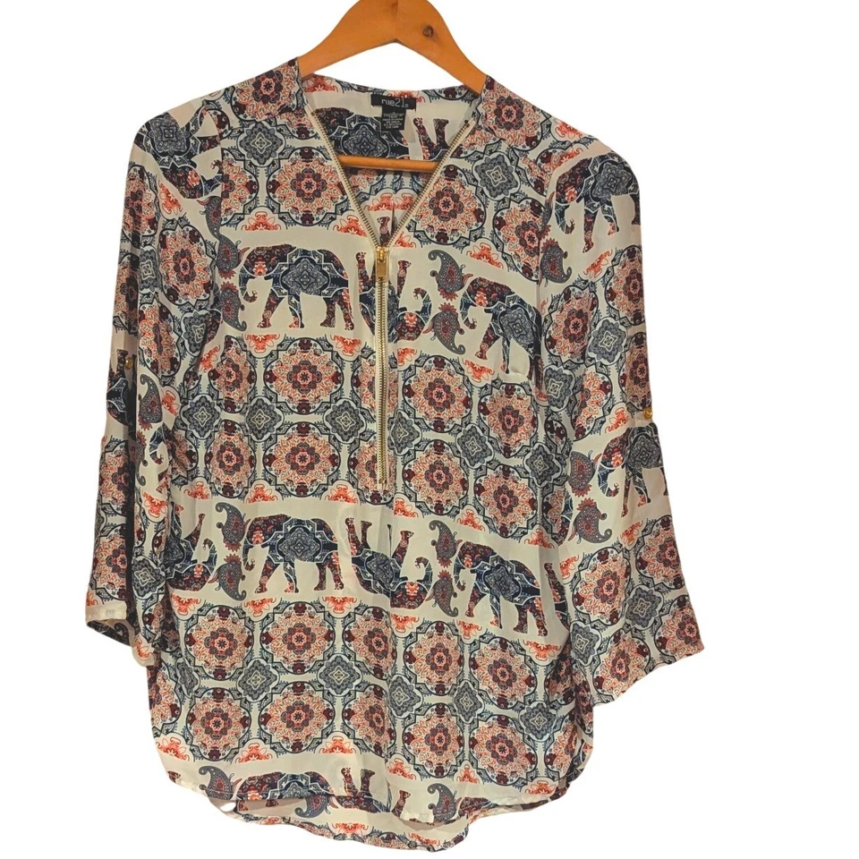Blusa Top Mujer Rue 21 Estampado Mandala Elefante Cremallera Cuello Manga 3/4 S Foto 1 de 4
