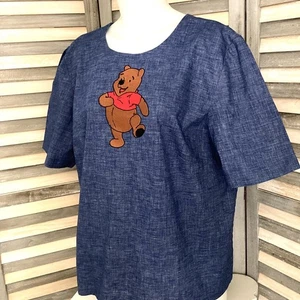 Winnie Puuh Vintage blau Baumwolle Top Shirt Eeyore bestickt groß Handarbeit  - Bild 1 von 10