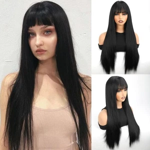 Black Wig Long Straight 28 inch Cosplay Wig for Women with Bangs Natural Hair... - Bild 1 von 7