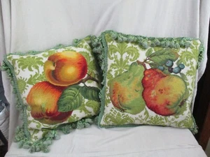 Needlepoint 18 x 18 Pillows Pears Peaches Fruit Green Velvet Tassels Set of 2 - Picture 1 of 8