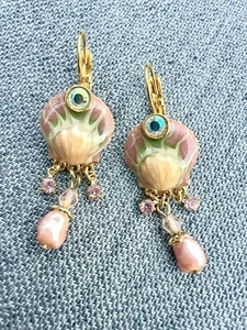 Signed Kirks Folly Pink Shell Rhinestone Enamel Earrings Pierce Lever Back - Picture 1 of 4
