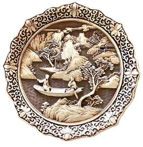 Amazing Detailed ASAIN Carved White Cinnabar Resin Plate VINTAGE 1950's Plaque - Picture 1 of 16