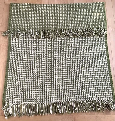 Afghan Houndstooth Throw Blanket Vintage Green Cream Fringed 46x60” Handmade - Image 1 of 4