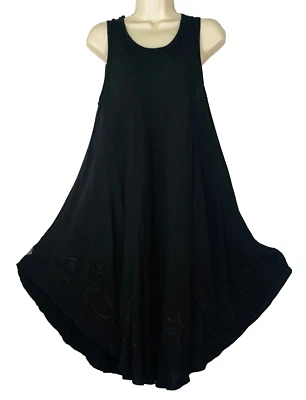 Vintage 1990s black rayon tent dress, sleeveless embroidered Free People style - Image 1 of 4