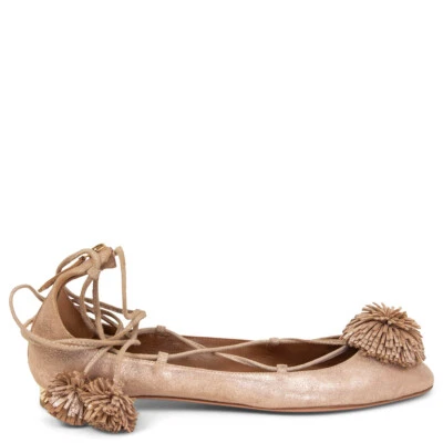 64949 Auténticos Zapatos Planos de Ballet AQUAZZURA Desnudo Metálico SUNSHINE POMPOM 40 Foto 1 de 4
