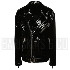 Motorradjacken für Herren - schwarzer Lackleder Biker Mantel, Punk Moto Style - Bild 1 von 10