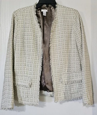 Chaqueta Blazer Chico’s Beige Tweed Frente Abierto con Borde de Flecos Para Mujer Talla M Foto 1 de 4