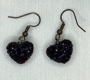 Dark Purple Rhinestone Heart Earrings Gothic Halloween Dangle Costume Jewelry - Picture 1 of 2