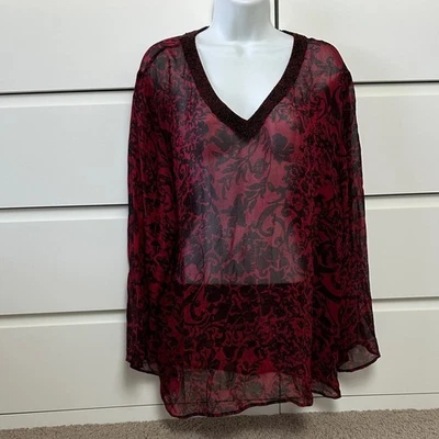 Top túnica Chico’s para mujer rojo negro floral seda transparente con cuentas cuello en V 3 (16/18-XL) Foto 1 de 4