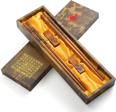 Juego de palillos reutilizables, dragón de madera y fénix con caja fuerte para lavavajillas Foto 1 de 4