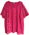 Catherines Lace Front Short Sleeve Top - 3x Pink Lined Stretch New