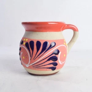 Mexikanische handbemalte Kaffeetasse Becher Volkskunst 8 Unzen Koralle Orange Blau Gelb Wirbel - Bild 1 von 7