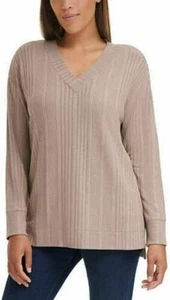 NWT ANDREW MARC TAUPE LADIES' RIBBED V-NECK LONG SLEEVE TOP SZ S #B731 - Picture 1 of 3