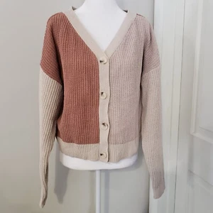 Sincerely Jules Womens Cardigan Sweater LARGE Color Block V-Neck Fall Office - Picture 1 of 9