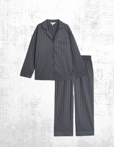 Ex M and S Women's Auto Pure Cotton graph Sateen Striped Pyjama Set in Charcoal - Picture 1 of 5