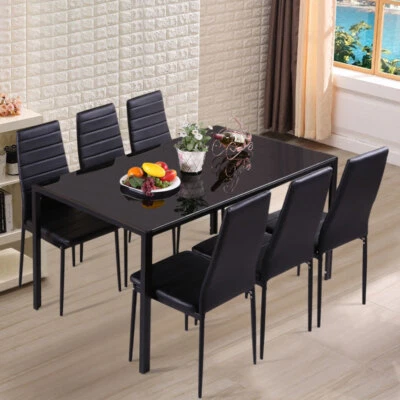 Tempered Glass Dining Table and 4 Or 6 PU Faux Leather Chairs Set Home Furniture - Image 1 of 4